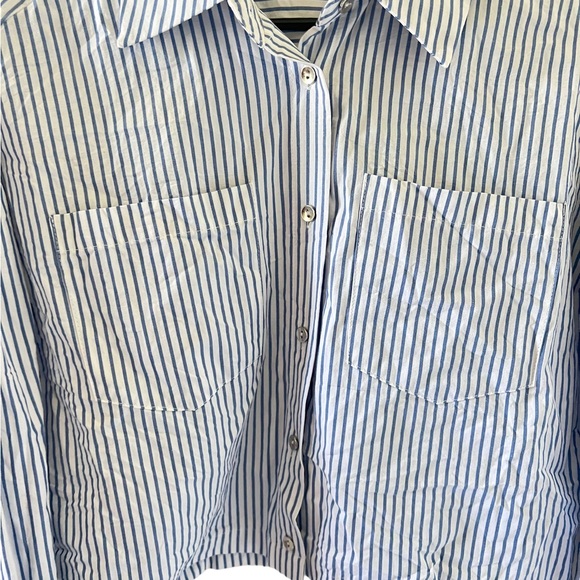 Zara Cropped Blue & White Striped Button Front Blouse - Picture 10 of 10
